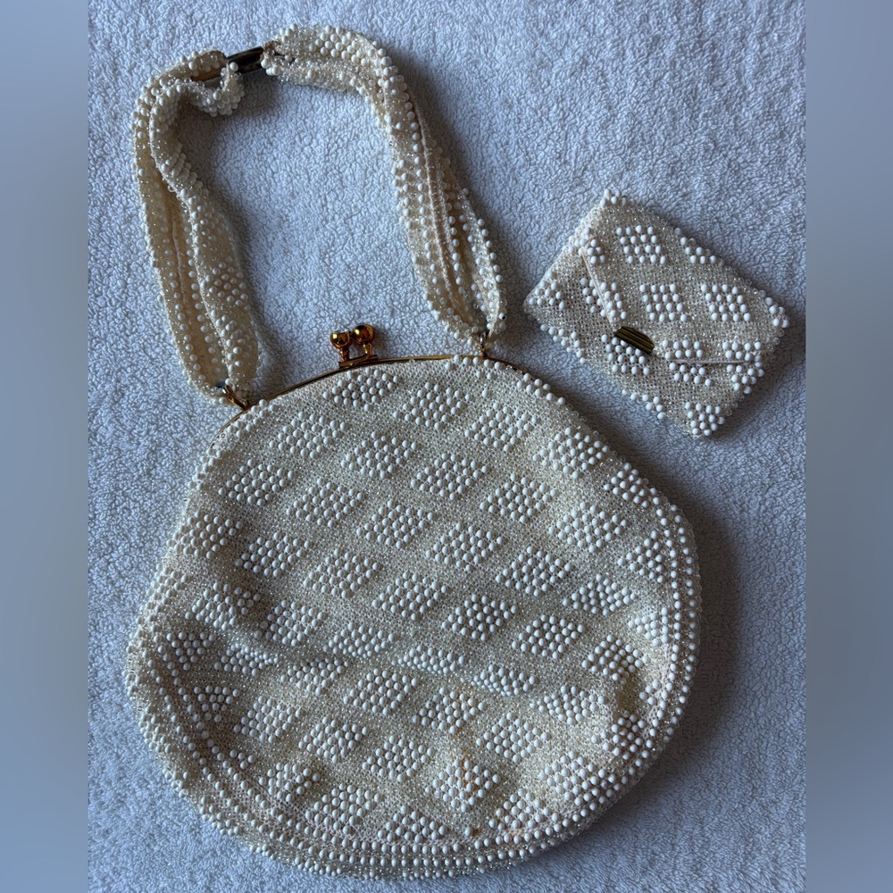 Vintage Lumured Corde Beaded Cream Women's Bag w Coin Purse, 1960s